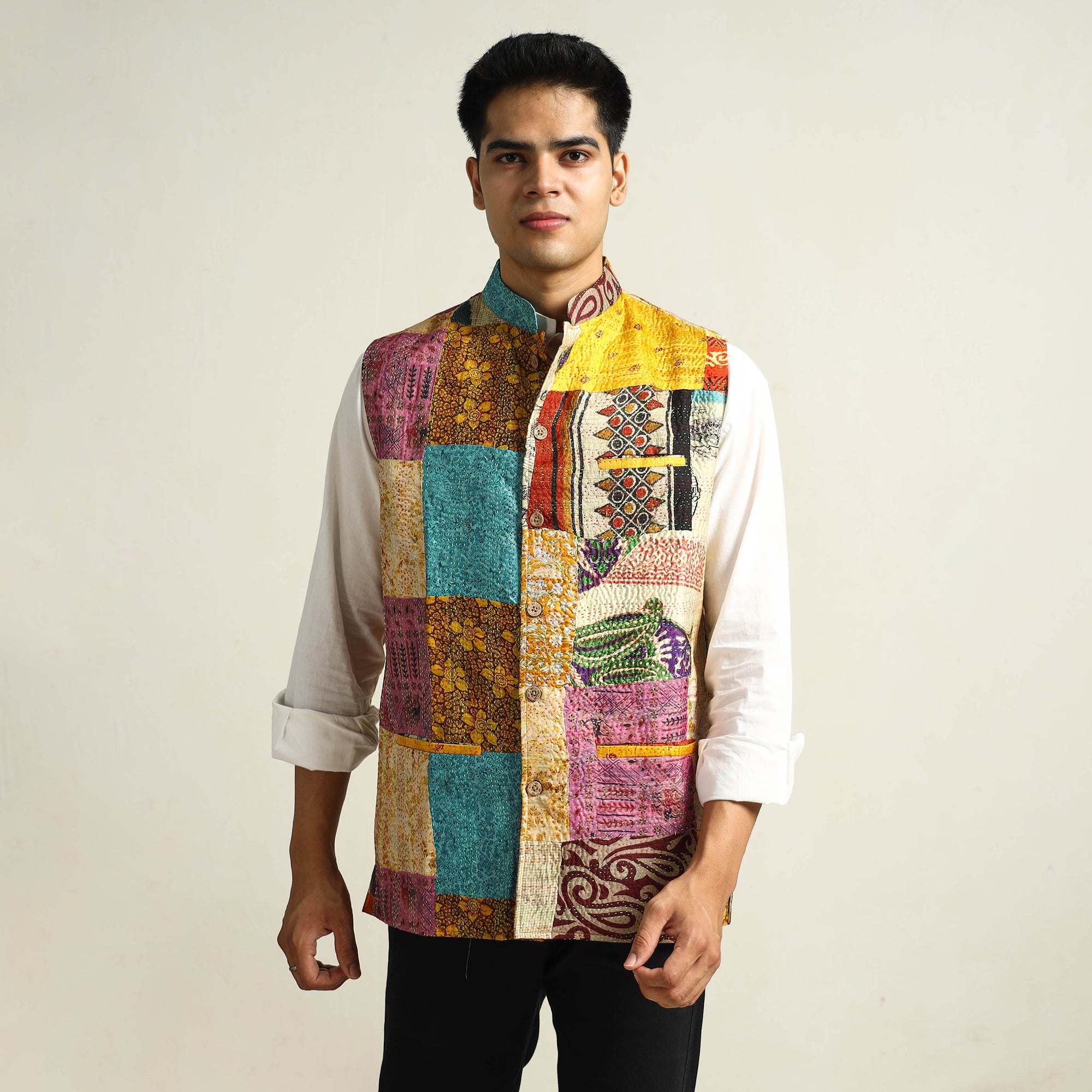 Multicolor Kantha Embroidery Silk Patchwork Nehru Jacket 