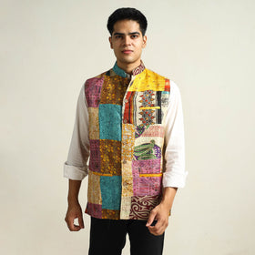 Multicolor Kantha Embroidery Silk Patchwork Nehru Jacket 