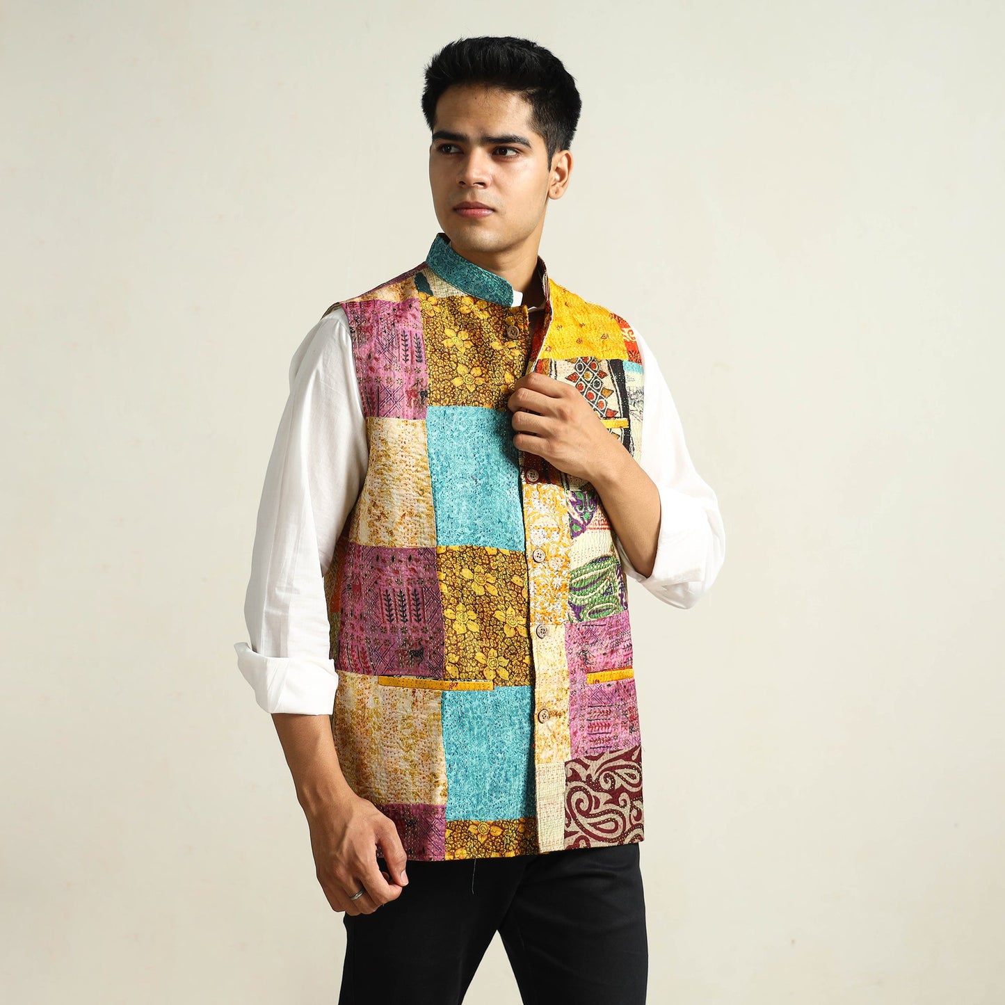 Multicolor Kantha Embroidery Silk Patchwork Nehru Jacket 