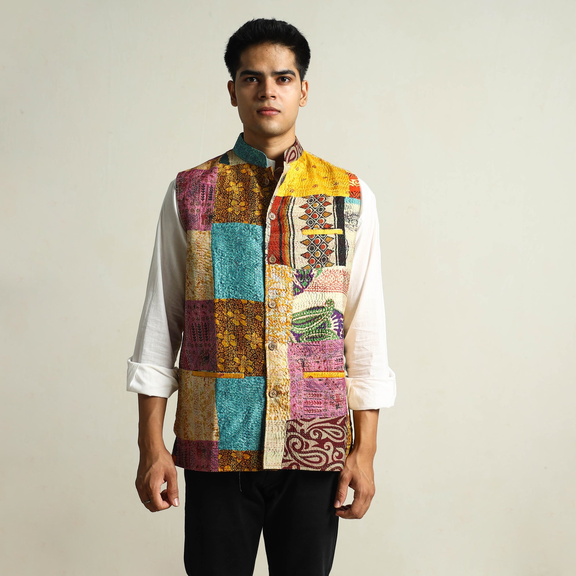 Multicolor Kantha Embroidery Silk Patchwork Nehru Jacket 