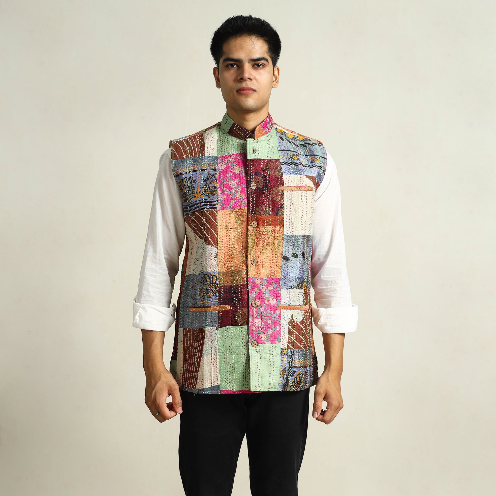 Multicolor Kantha Embroidery Silk Patchwork Nehru Jacket 
