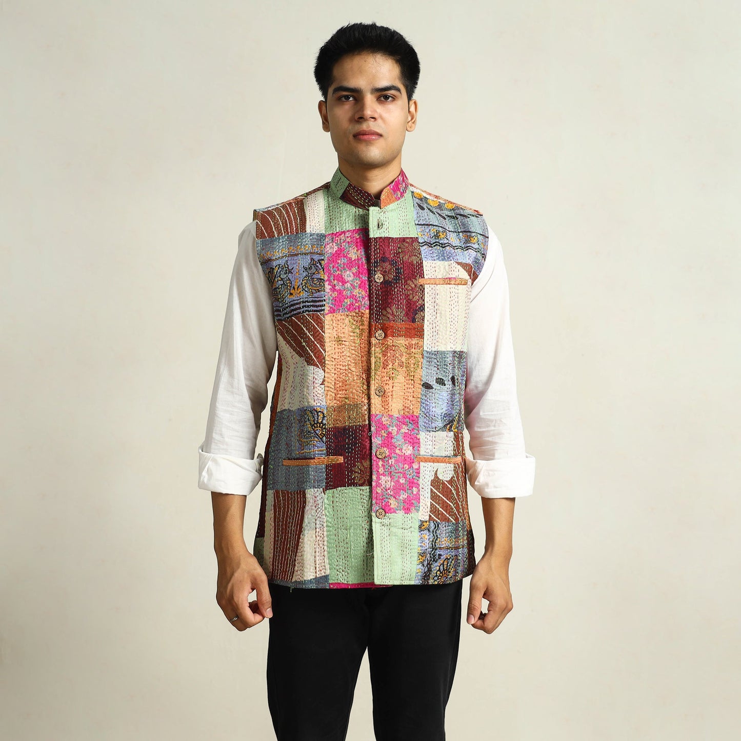 Multicolor Kantha Embroidery Silk Patchwork Nehru Jacket 