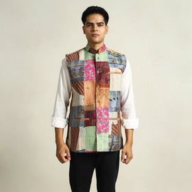 Multicolor Kantha Embroidery Silk Patchwork Nehru Jacket 