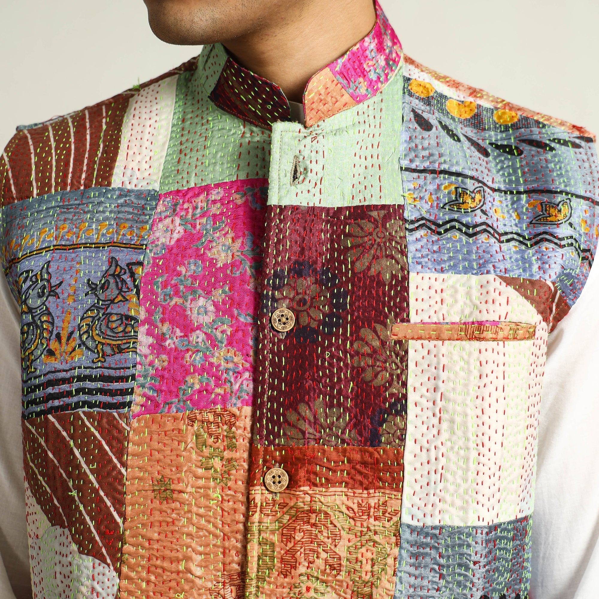 Multicolor Kantha Embroidery Silk Patchwork Nehru Jacket 