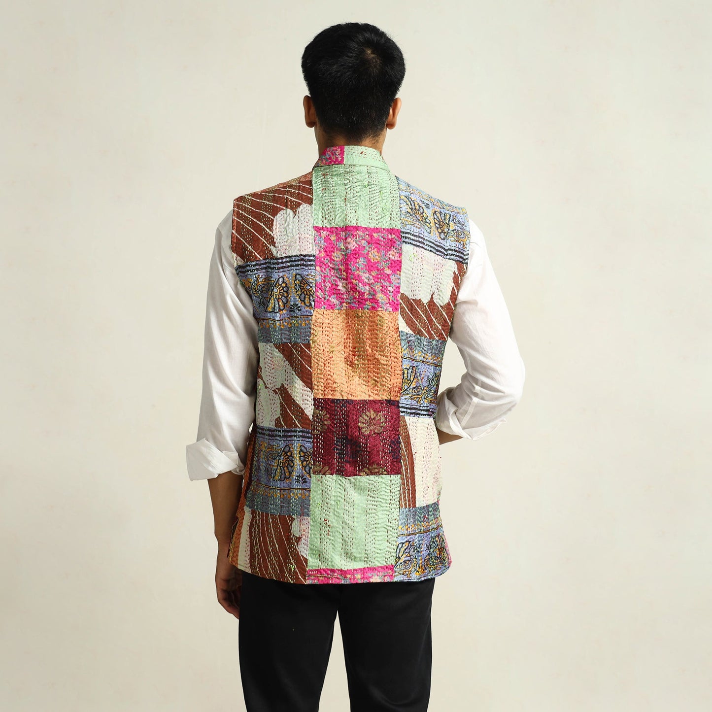 Multicolor Kantha Embroidery Silk Patchwork Nehru Jacket 