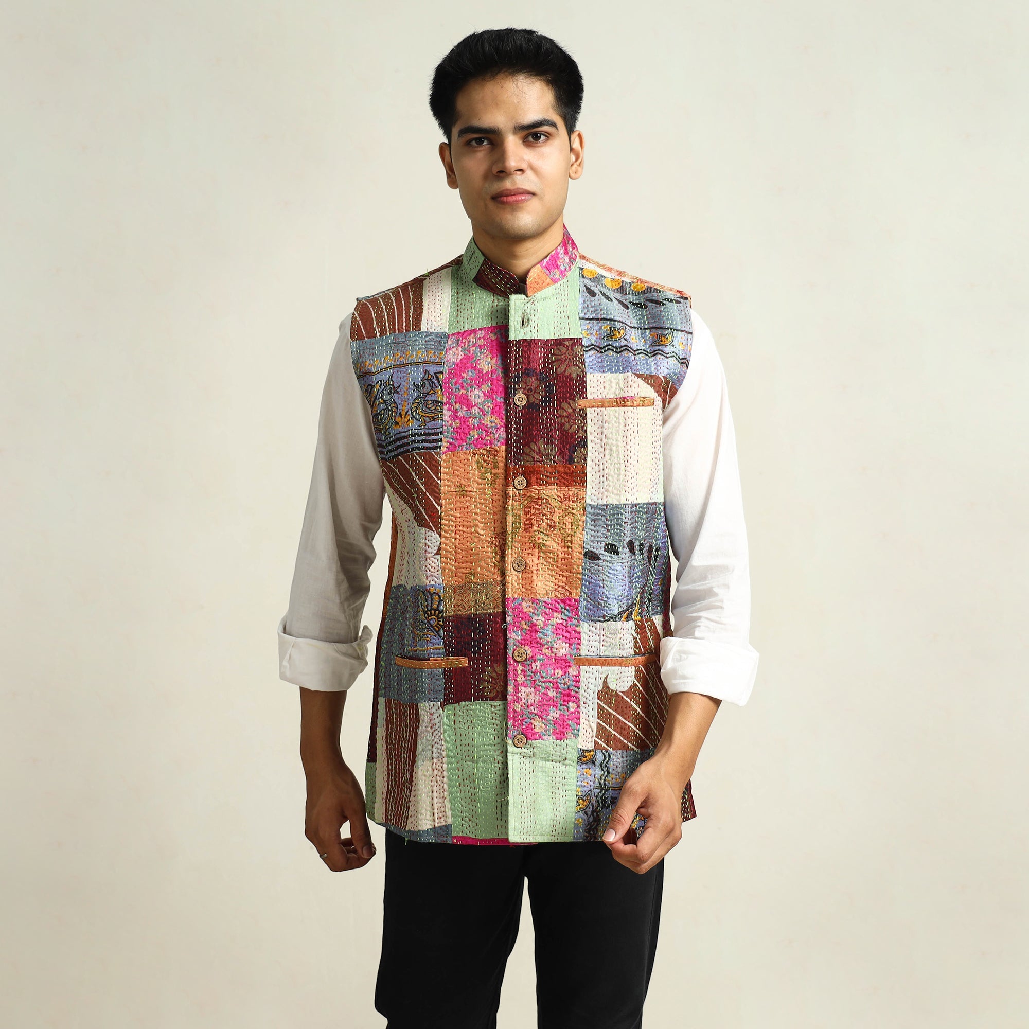 Multicolor Kantha Embroidery Silk Patchwork Nehru Jacket 