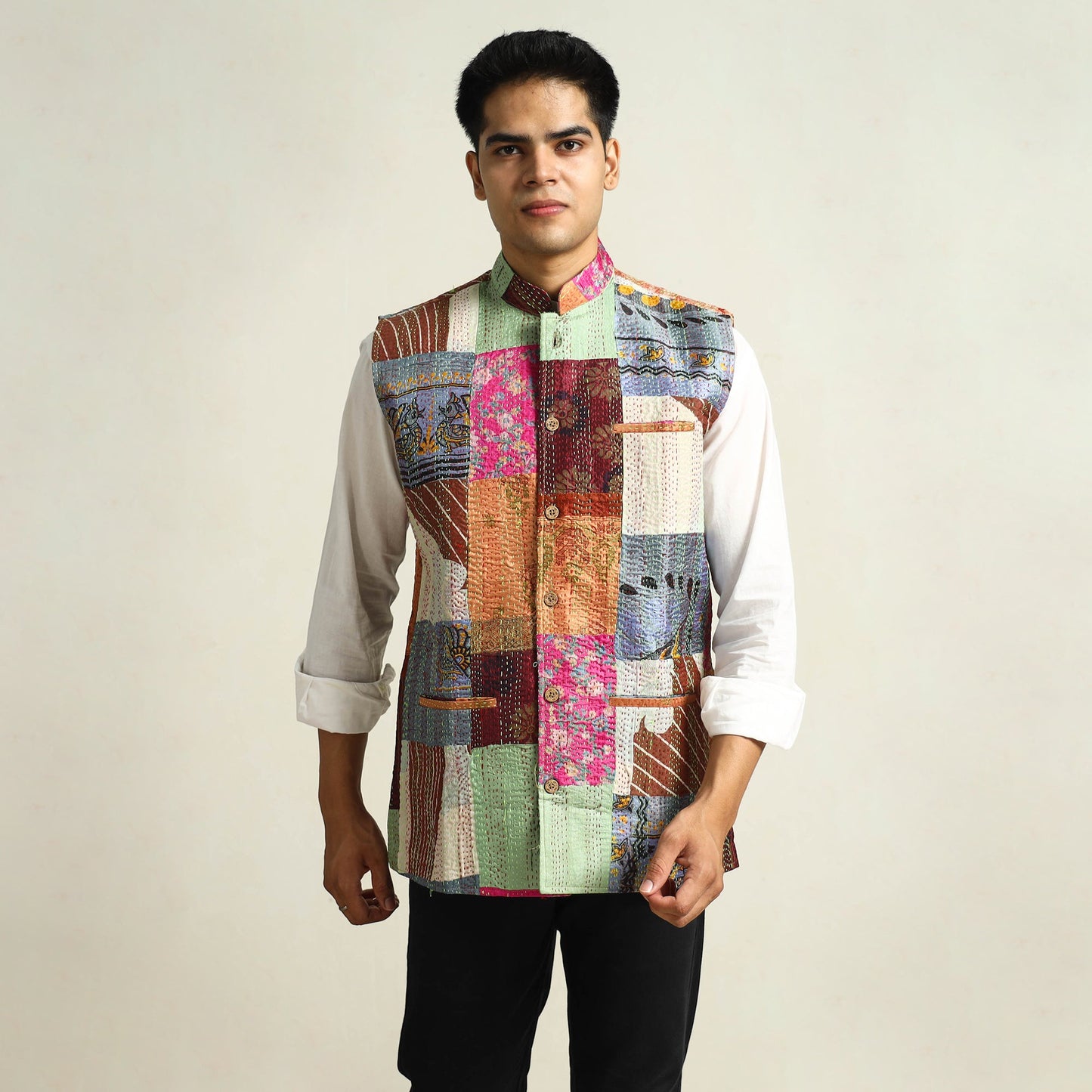 Multicolor Kantha Embroidery Silk Patchwork Nehru Jacket 