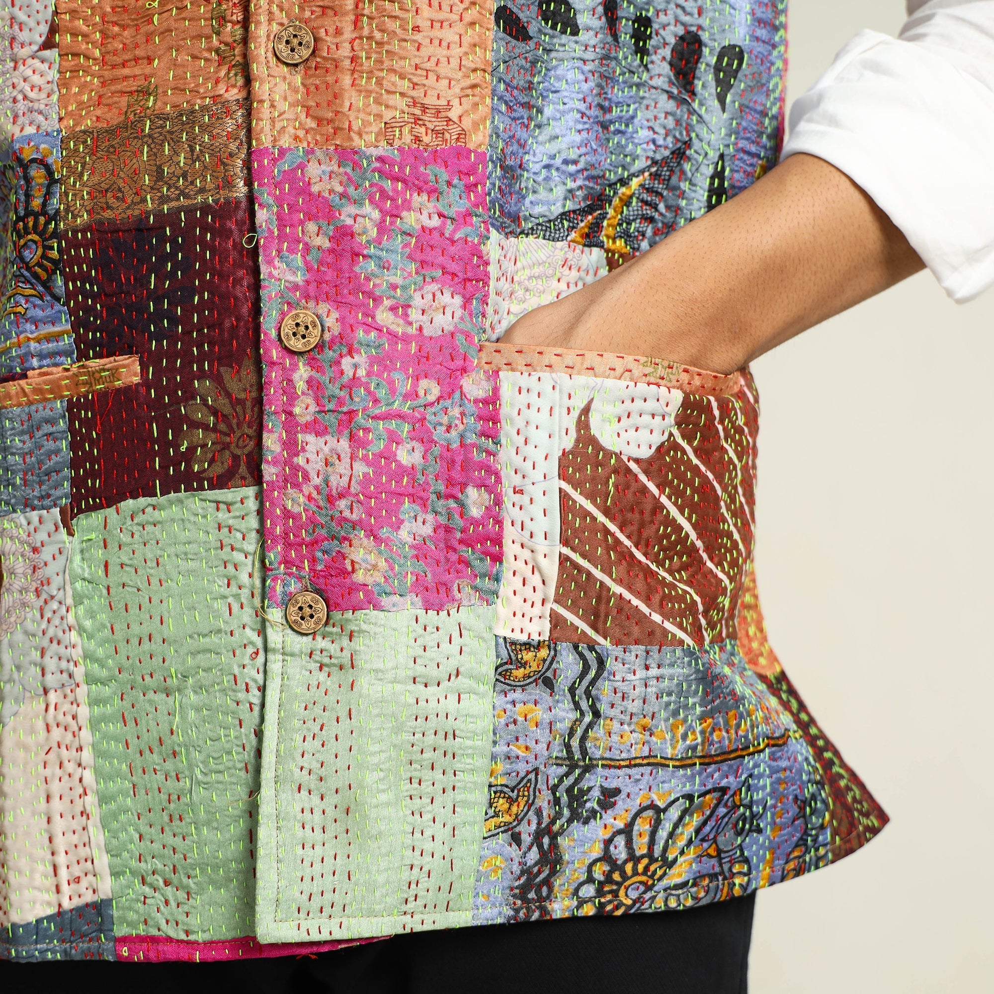 Multicolor Kantha Embroidery Silk Patchwork Nehru Jacket 