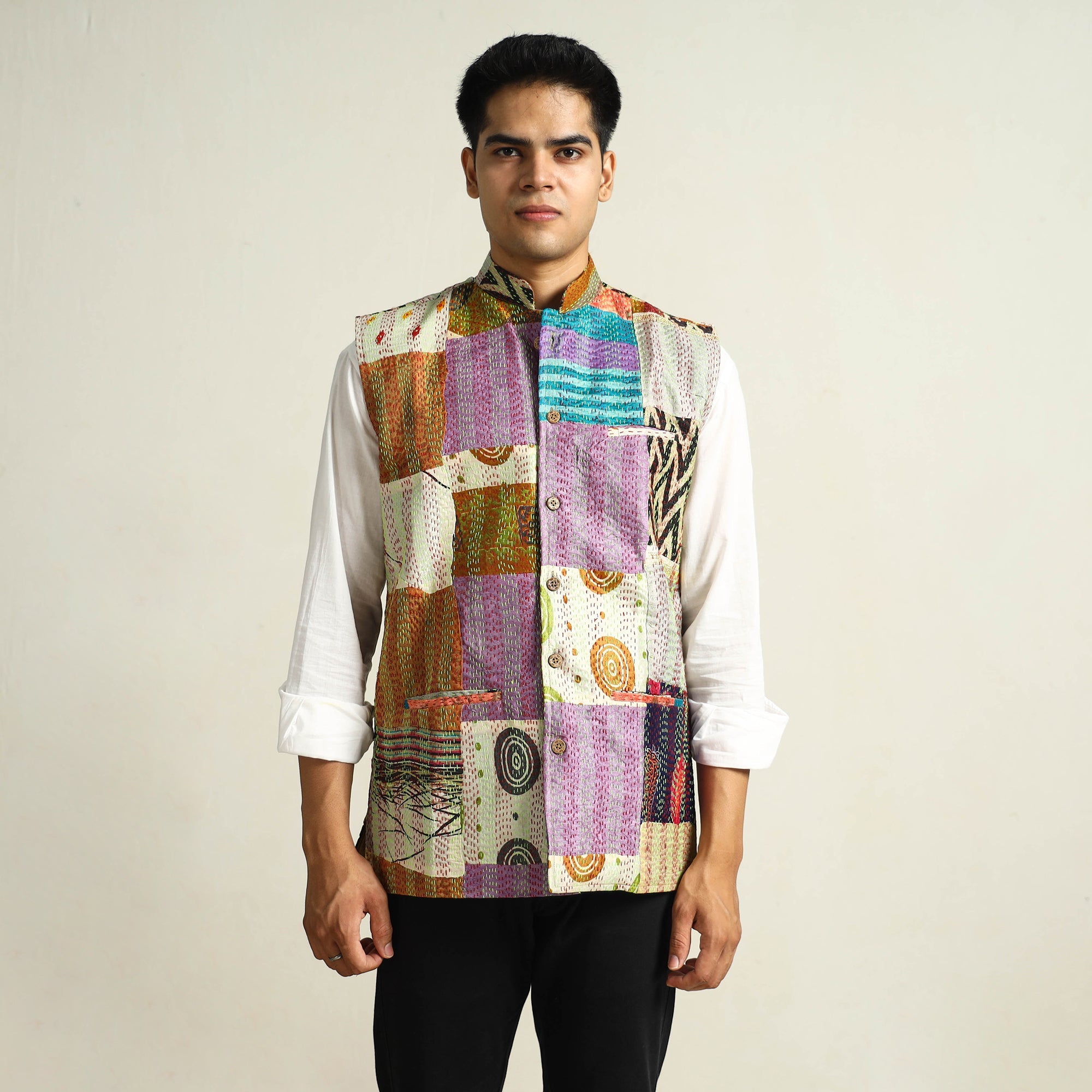 Multicolor Kantha Embroidery Silk Patchwork Nehru Jacket 