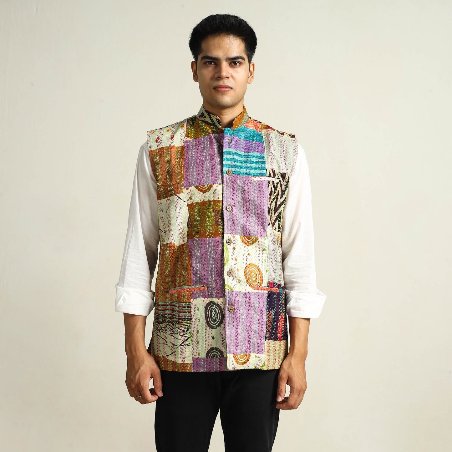 Multicolor Kantha Embroidery Silk Patchwork Nehru Jacket 
