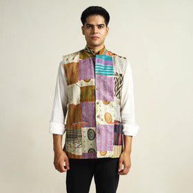 Multicolor Kantha Embroidery Silk Patchwork Nehru Jacket 
