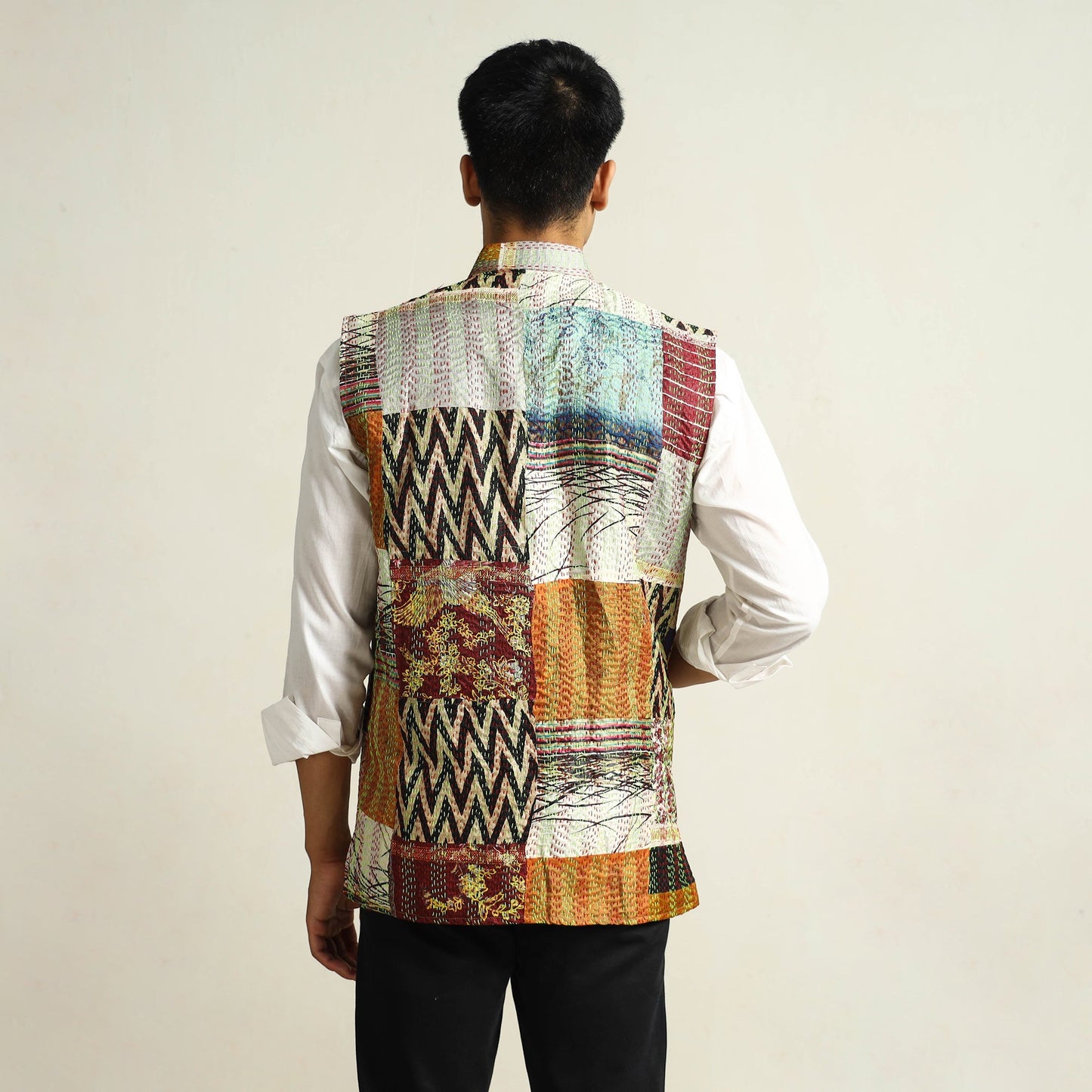 Multicolor Kantha Embroidery Silk Patchwork Nehru Jacket 