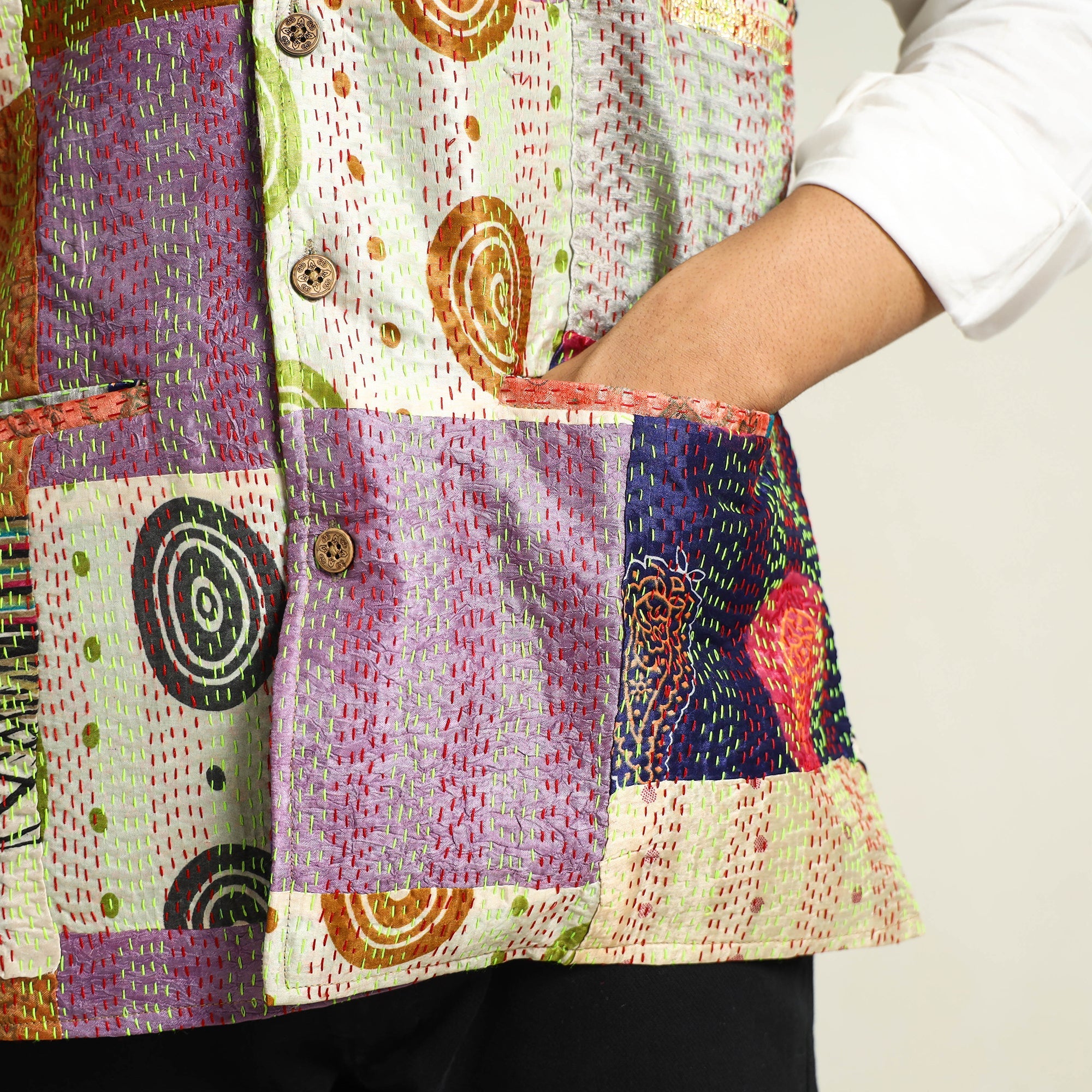 Multicolor Kantha Embroidery Silk Patchwork Nehru Jacket 