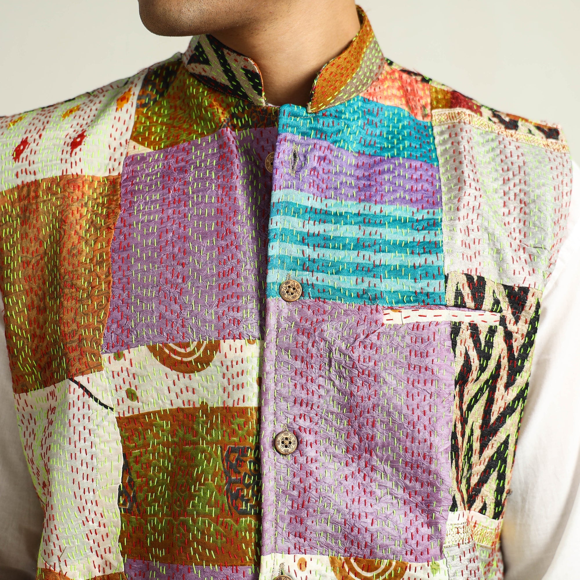 Multicolor Kantha Embroidery Silk Patchwork Nehru Jacket 