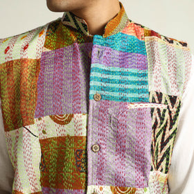 Multicolor Kantha Embroidery Silk Patchwork Nehru Jacket 