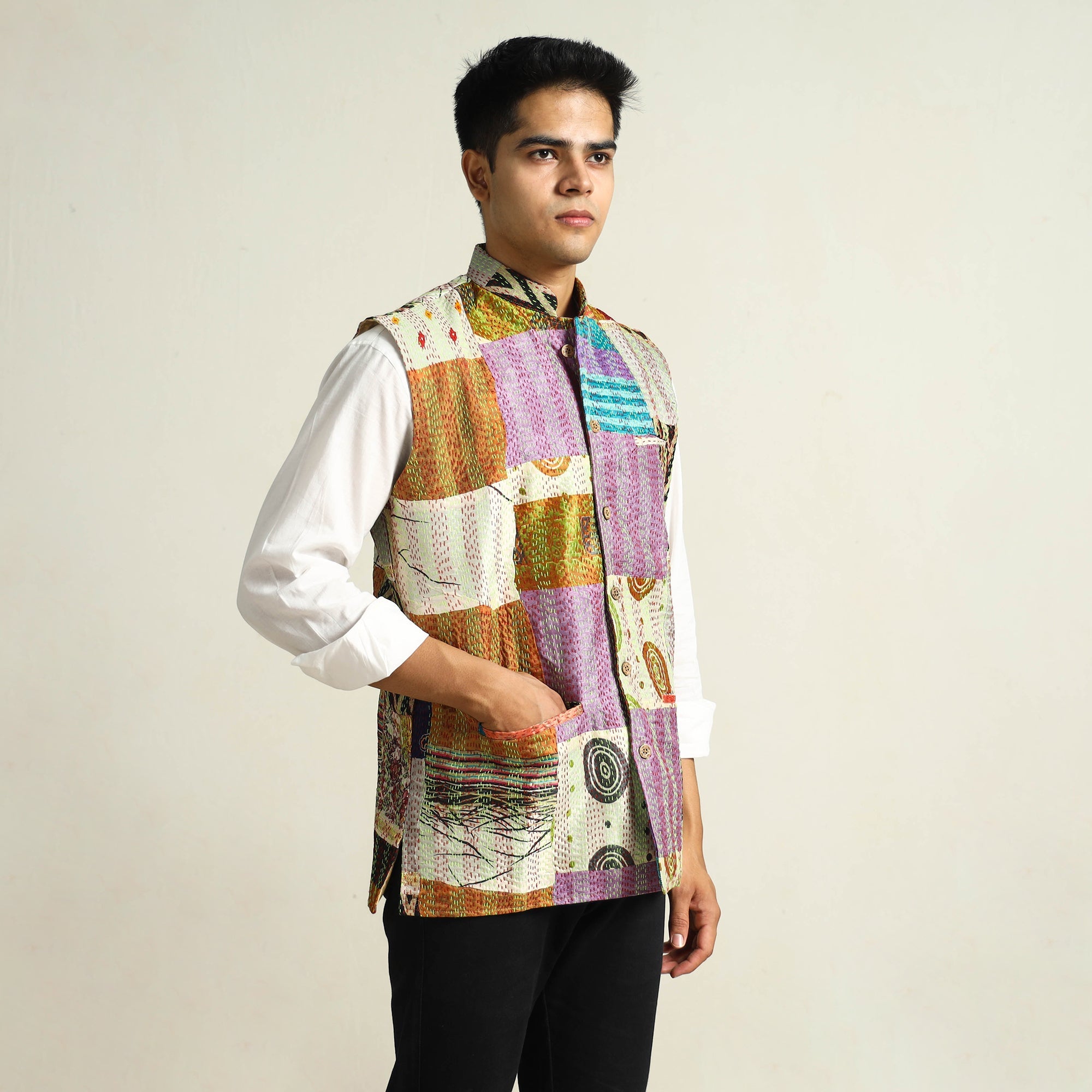 Multicolor Kantha Embroidery Silk Patchwork Nehru Jacket 