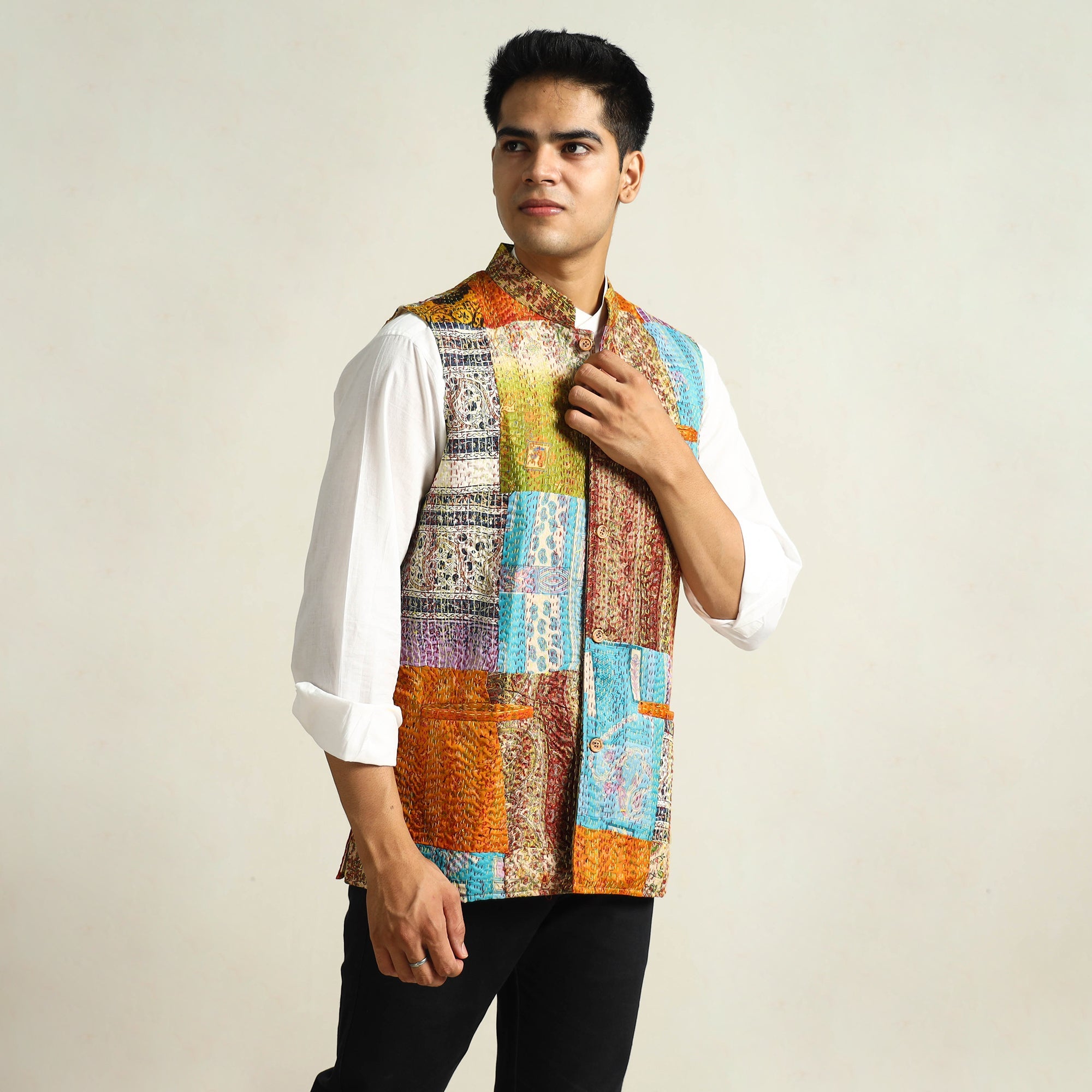 Multicolor Kantha Embroidery Silk Patchwork Nehru Jacket 