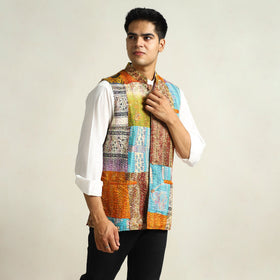 Multicolor Kantha Embroidery Silk Patchwork Nehru Jacket 