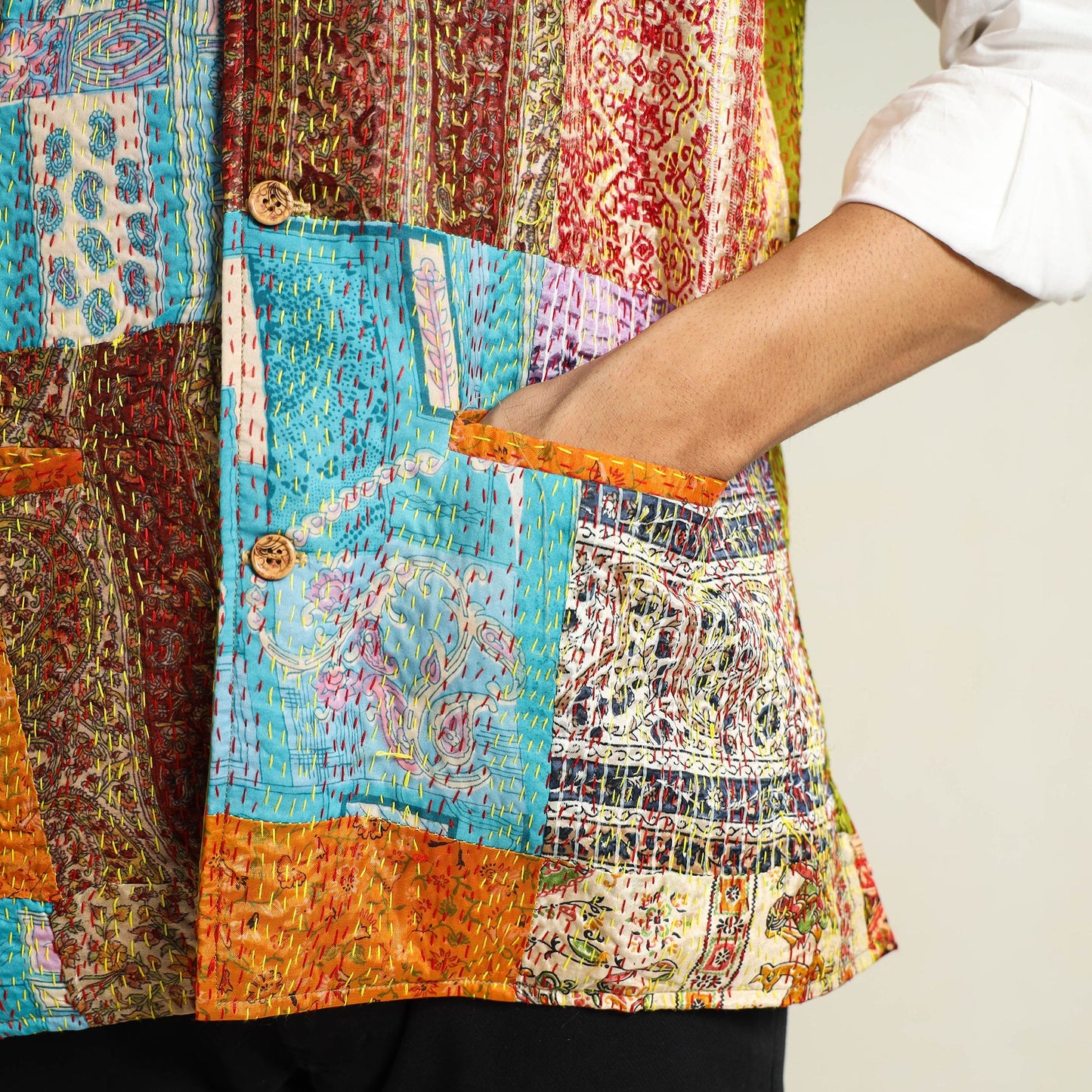 Multicolor Kantha Embroidery Silk Patchwork Nehru Jacket 