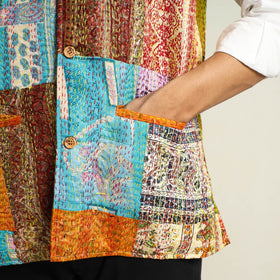Multicolor Kantha Embroidery Silk Patchwork Nehru Jacket 