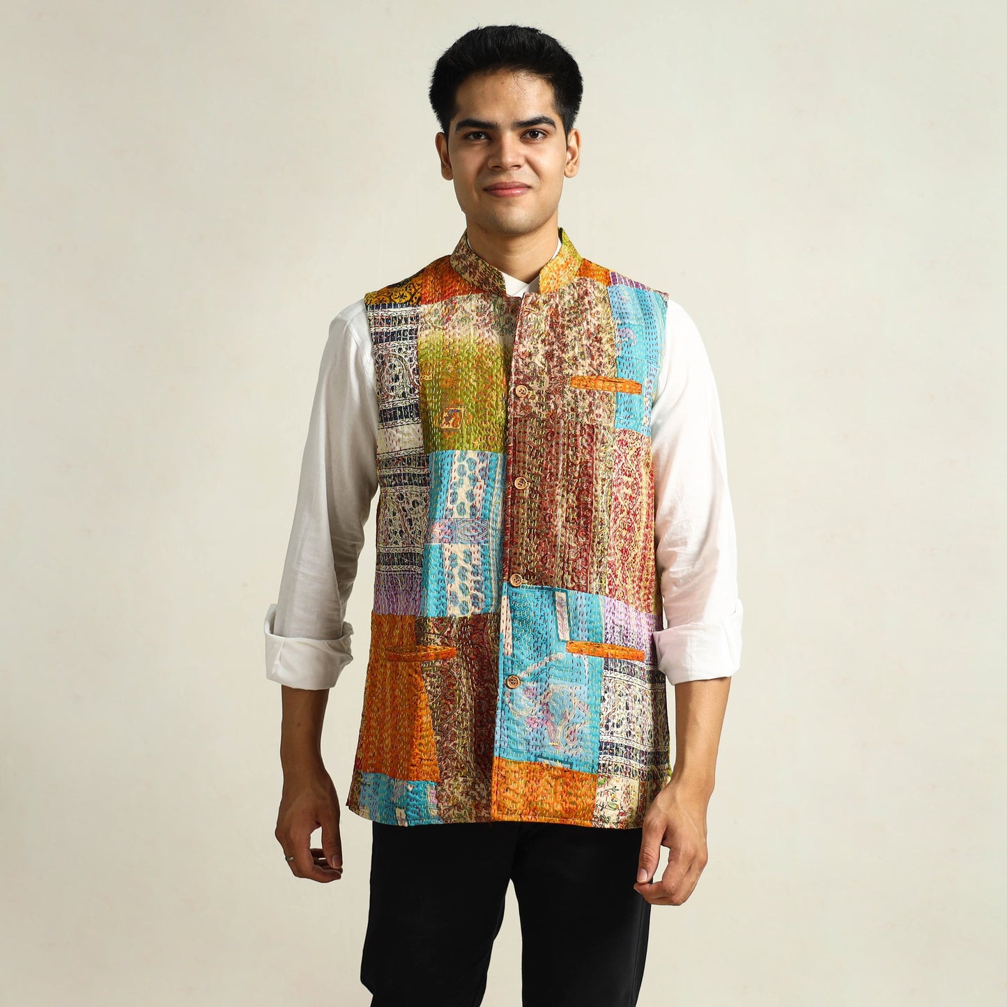 Multicolor Kantha Embroidery Silk Patchwork Nehru Jacket 