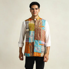 Multicolor Kantha Embroidery Silk Patchwork Nehru Jacket 