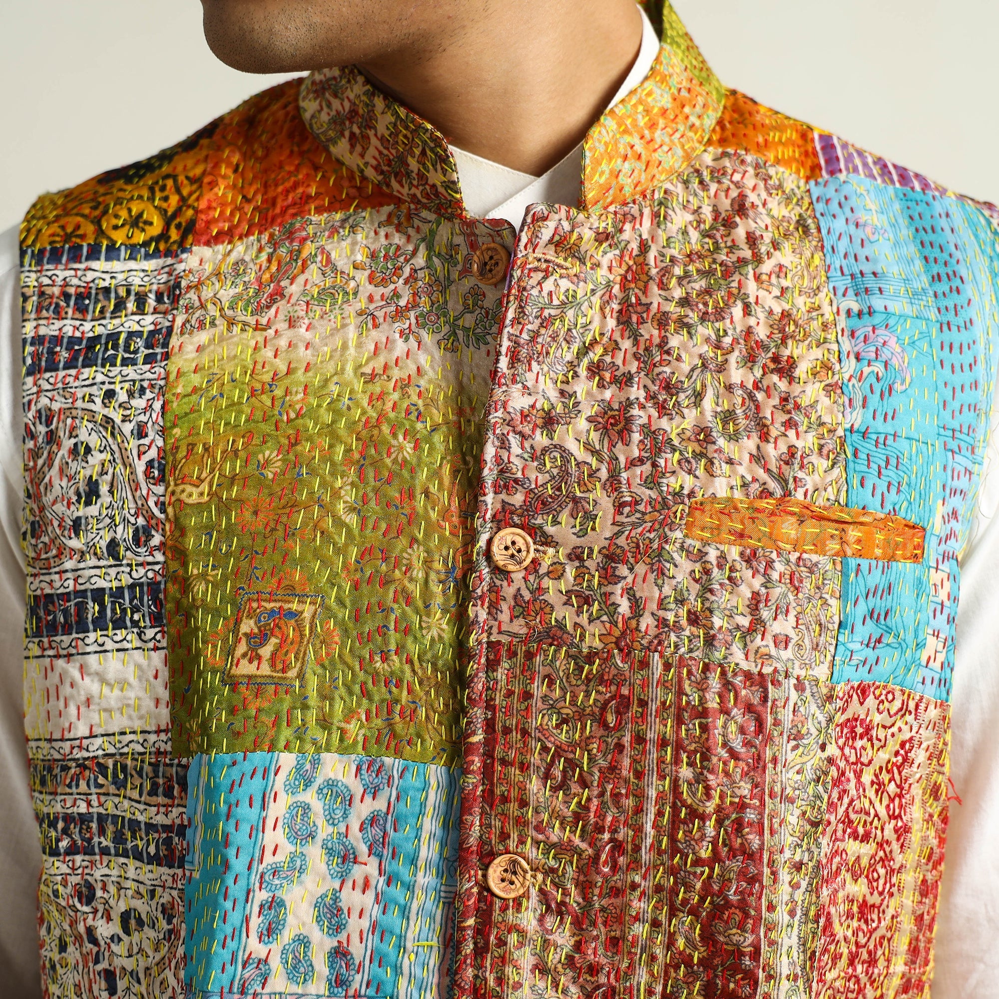 Multicolor Kantha Embroidery Silk Patchwork Nehru Jacket 