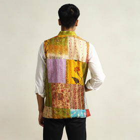 Multicolor Kantha Embroidery Silk Patchwork Nehru Jacket 