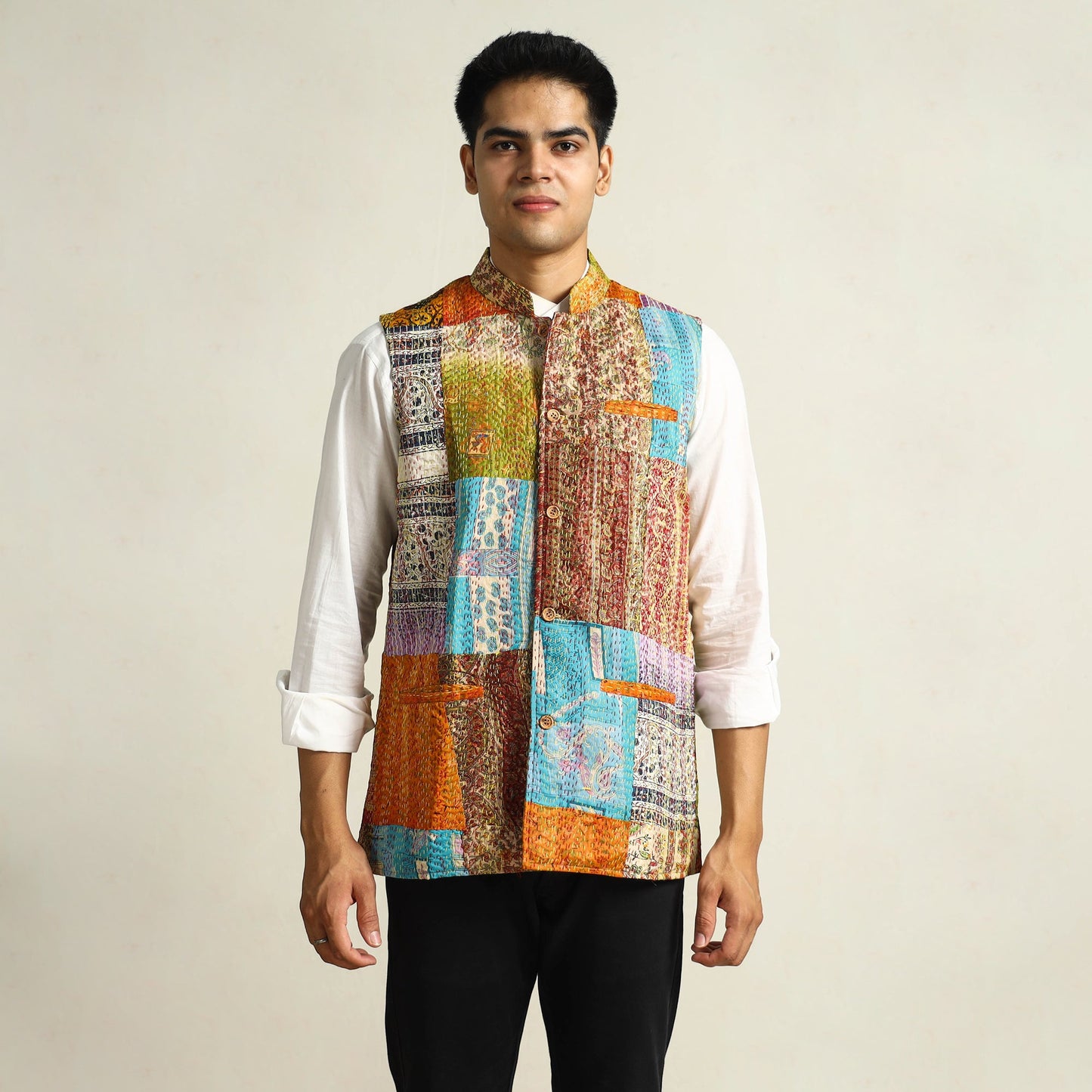Multicolor Kantha Embroidery Silk Patchwork Nehru Jacket 