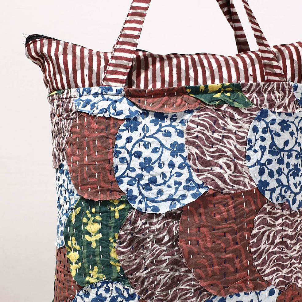  Kantha Work Block Print Cotton Shopping Bag 
