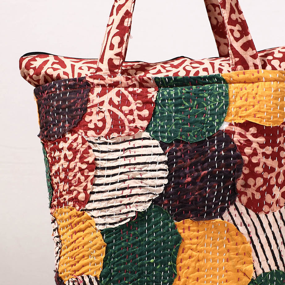  Kantha Work Block Print Cotton Shopping Bag 