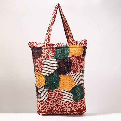  Kantha Work Block Print Cotton Shopping Bag 