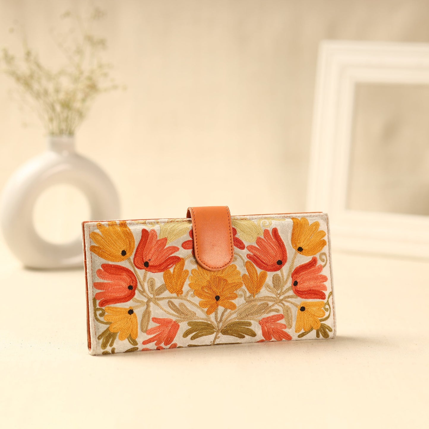 Multicolor Kashmiri Crewel Hand Embroidery Leather & Velvet Wallet