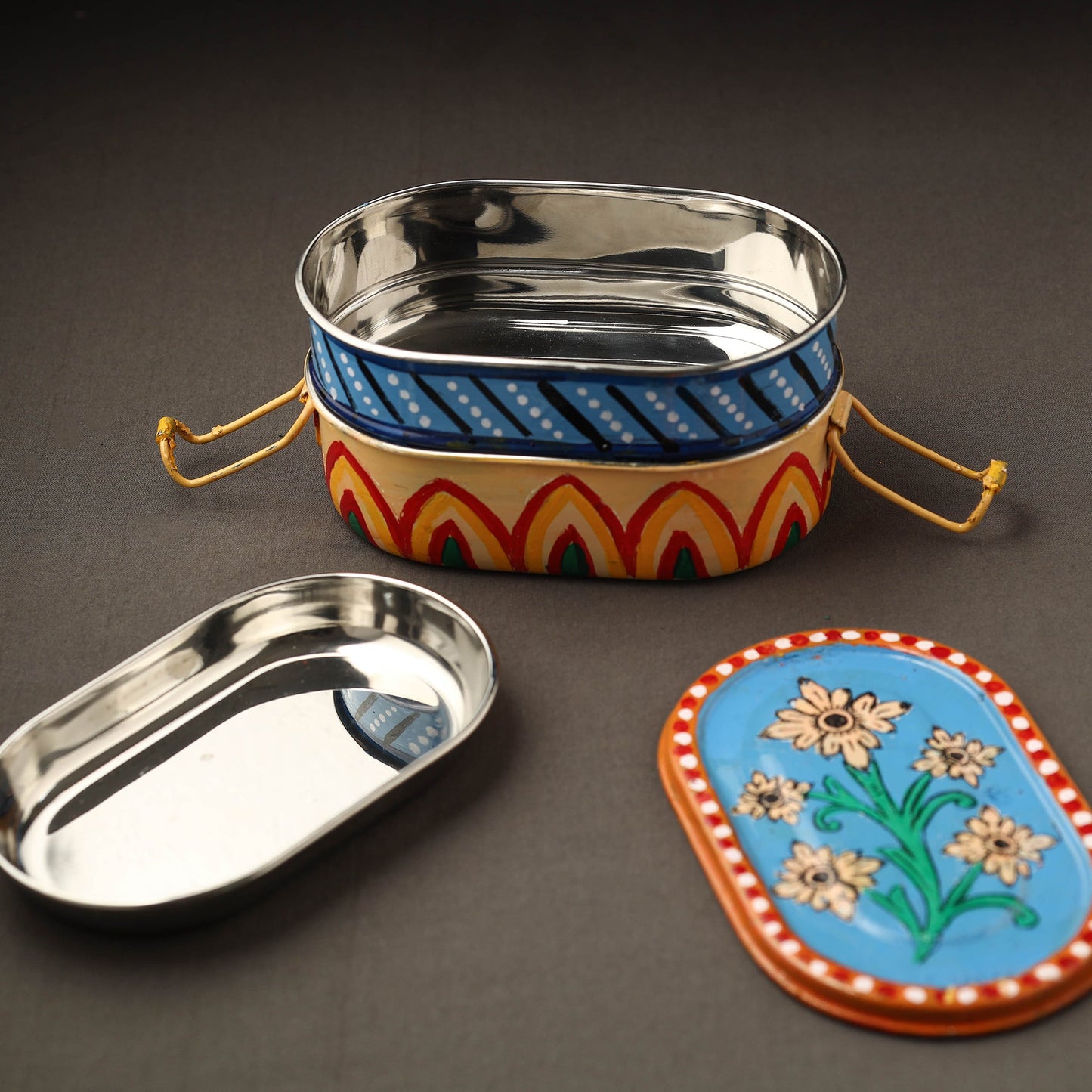  Kavad Handpainted Stainless Steel 2 Tier Capsule Shape Lunch Box (6 X 4 in) 04 Online at iTokri.com