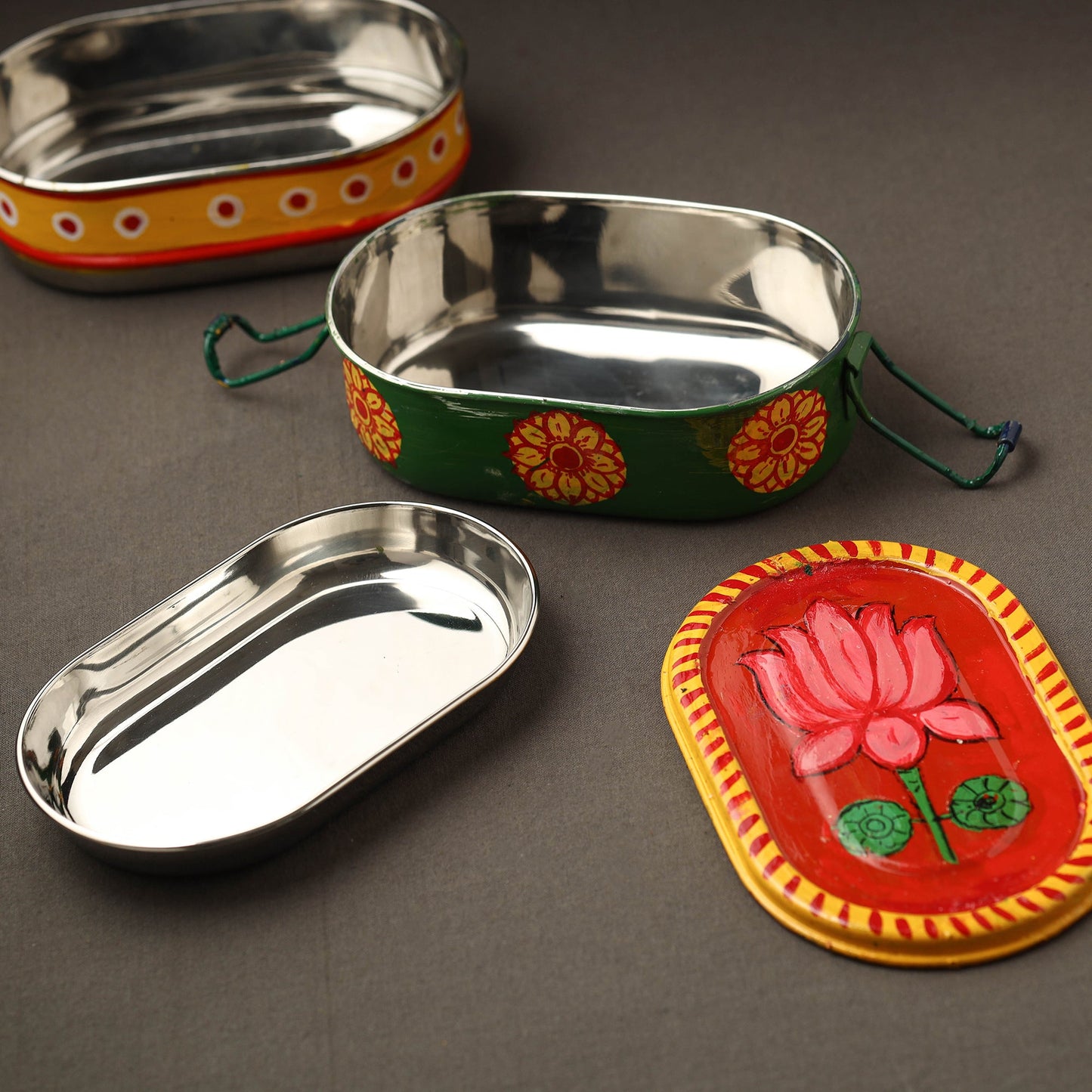  Kavad Handpainted Stainless Steel 2 Tier Capsule Shape Lunch Box (6 X 4 in) 08 