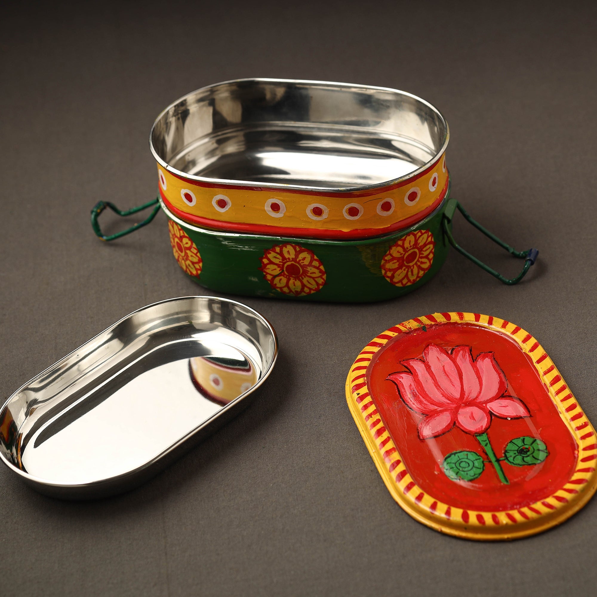  Kavad Handpainted Stainless Steel 2 Tier Capsule Shape Lunch Box (6 X 4 in) 08 