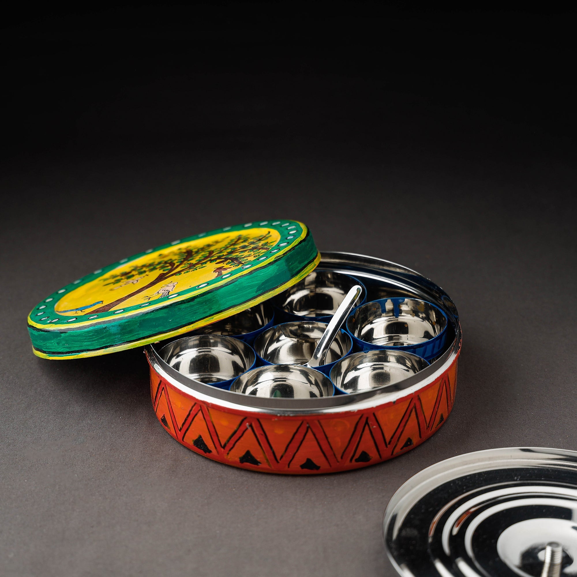  Multicolor Kavad Handpainted Stainless Steel Masala Box 