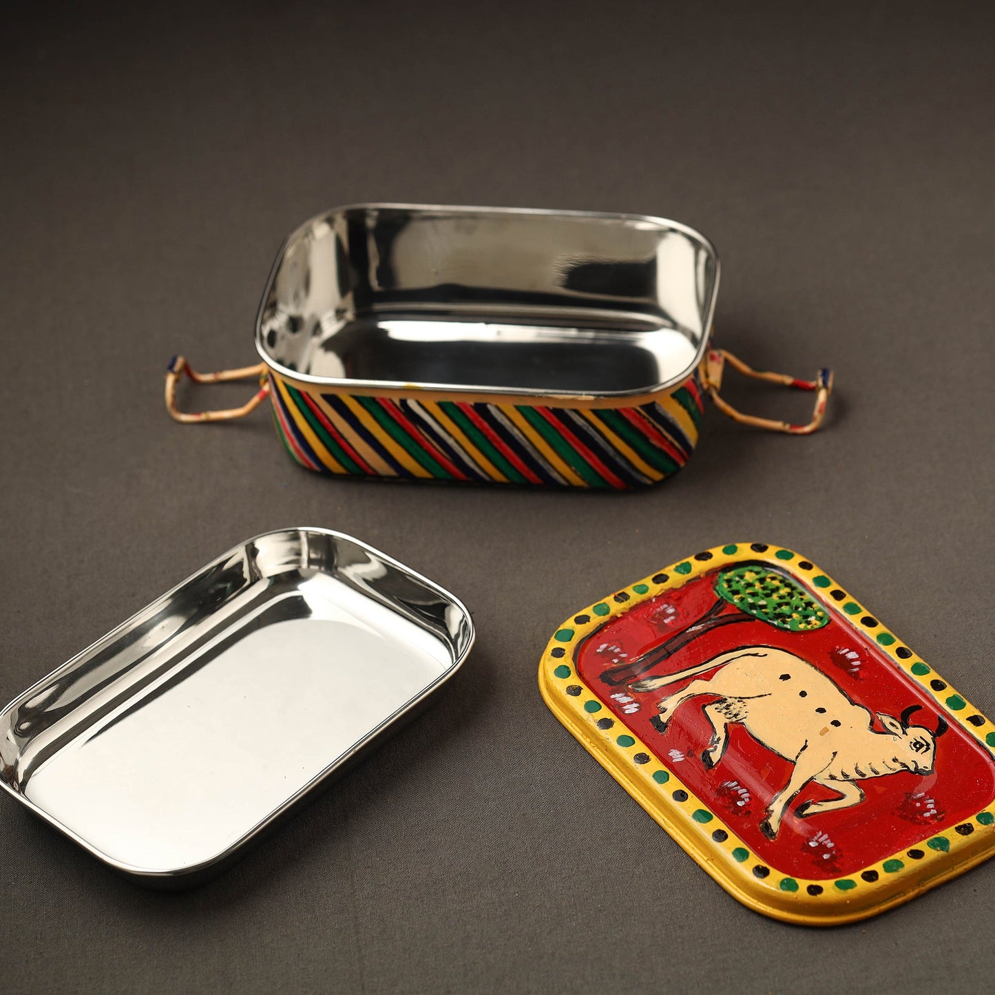  Kavad Handpainted Stainless Steel Rectangle Shape Lunch Box (6 X 4 in) 26 