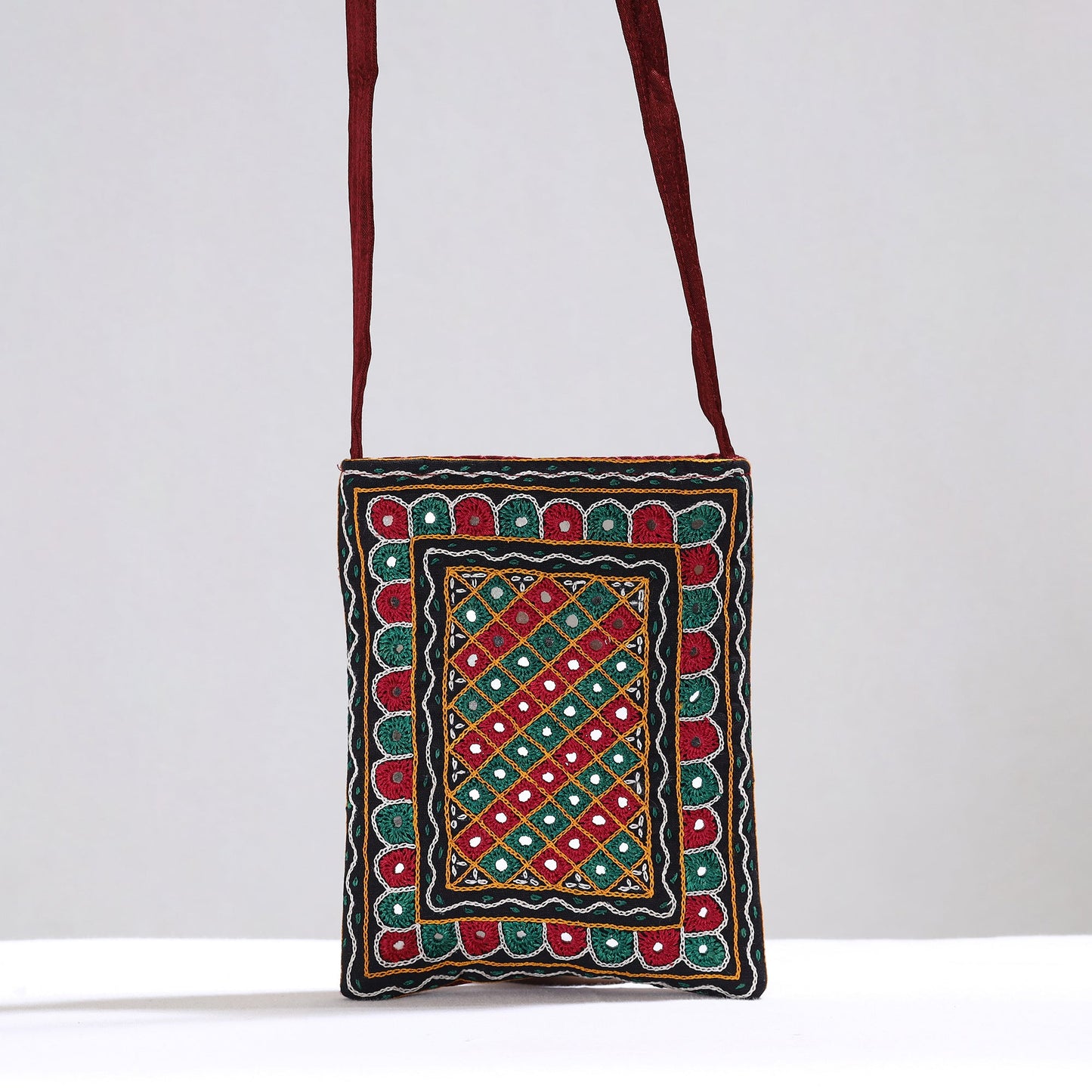 Multicolor Kutch Abhla Hand Embroidery Mashru Silk Sling Bag