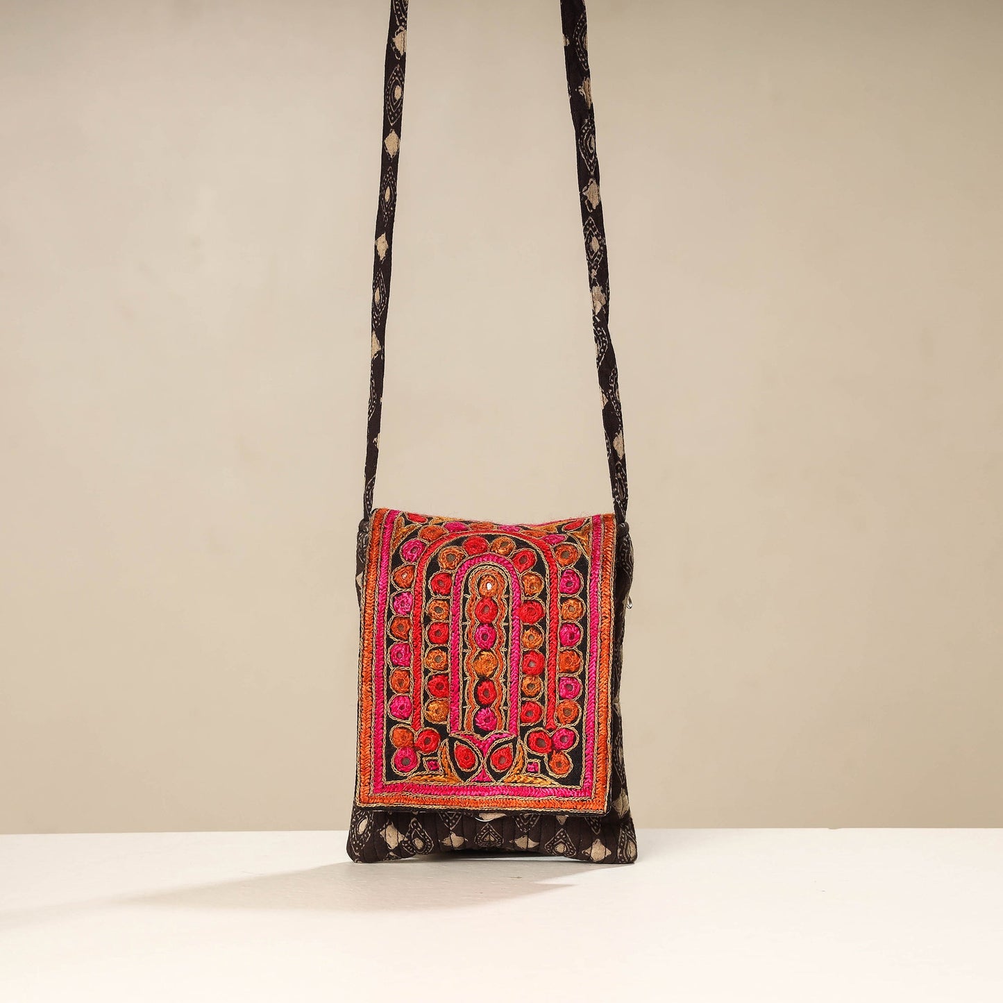 Multicolor Kutch Ahir Embroidery Ajrakh Cotton Sling Bag