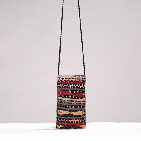 Multicolor Kutch Dhebariya Qatab Embroidery Cotton Sling Mobile Pouch 