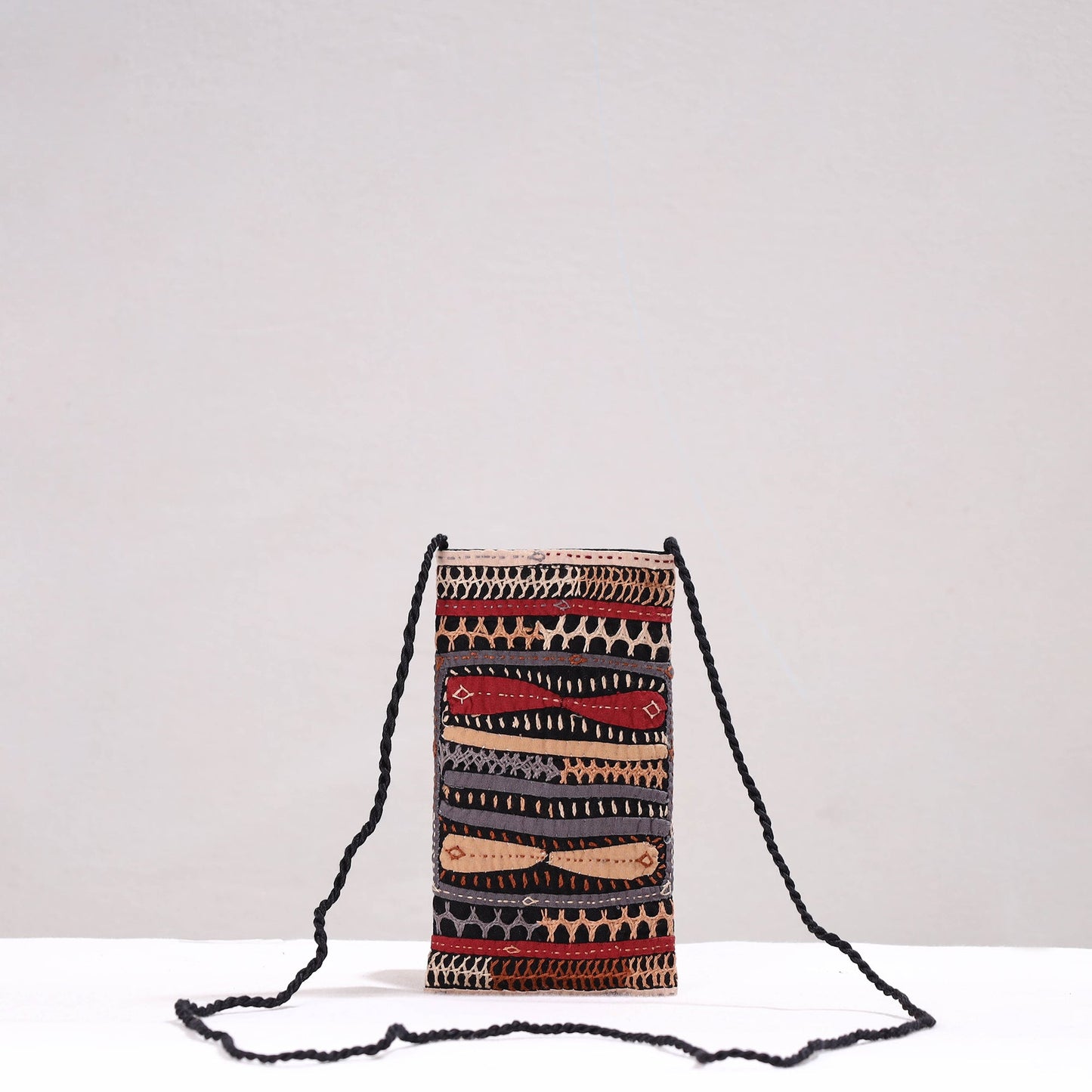 Multicolor Kutch Dhebariya Qatab Embroidery Cotton Sling Mobile Pouch 