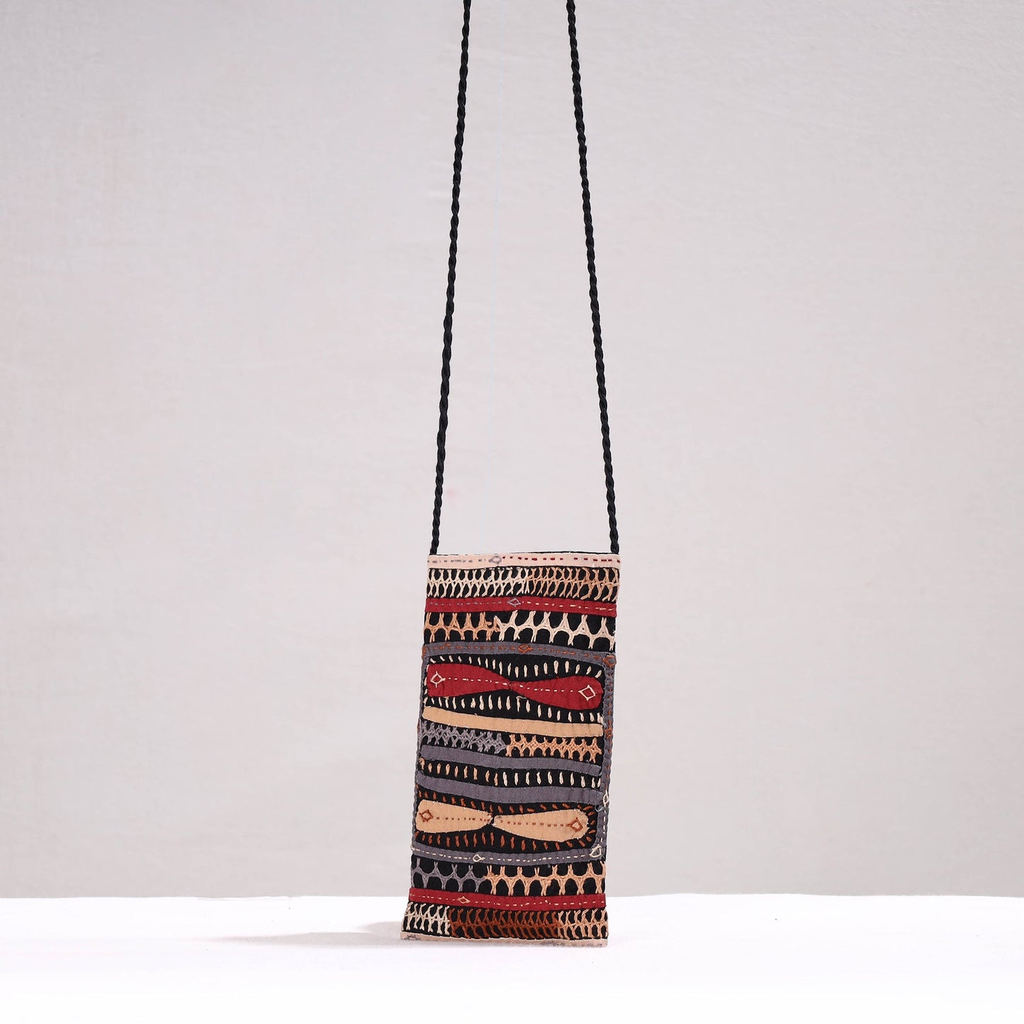 Multicolor Kutch Dhebariya Qatab Embroidery Cotton Sling Mobile Pouch 