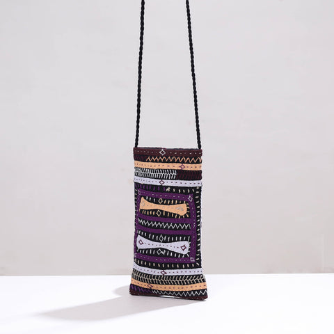 Multicolor Kutch Dhebariya Qatab Embroidery Sling Mobile Pouch 