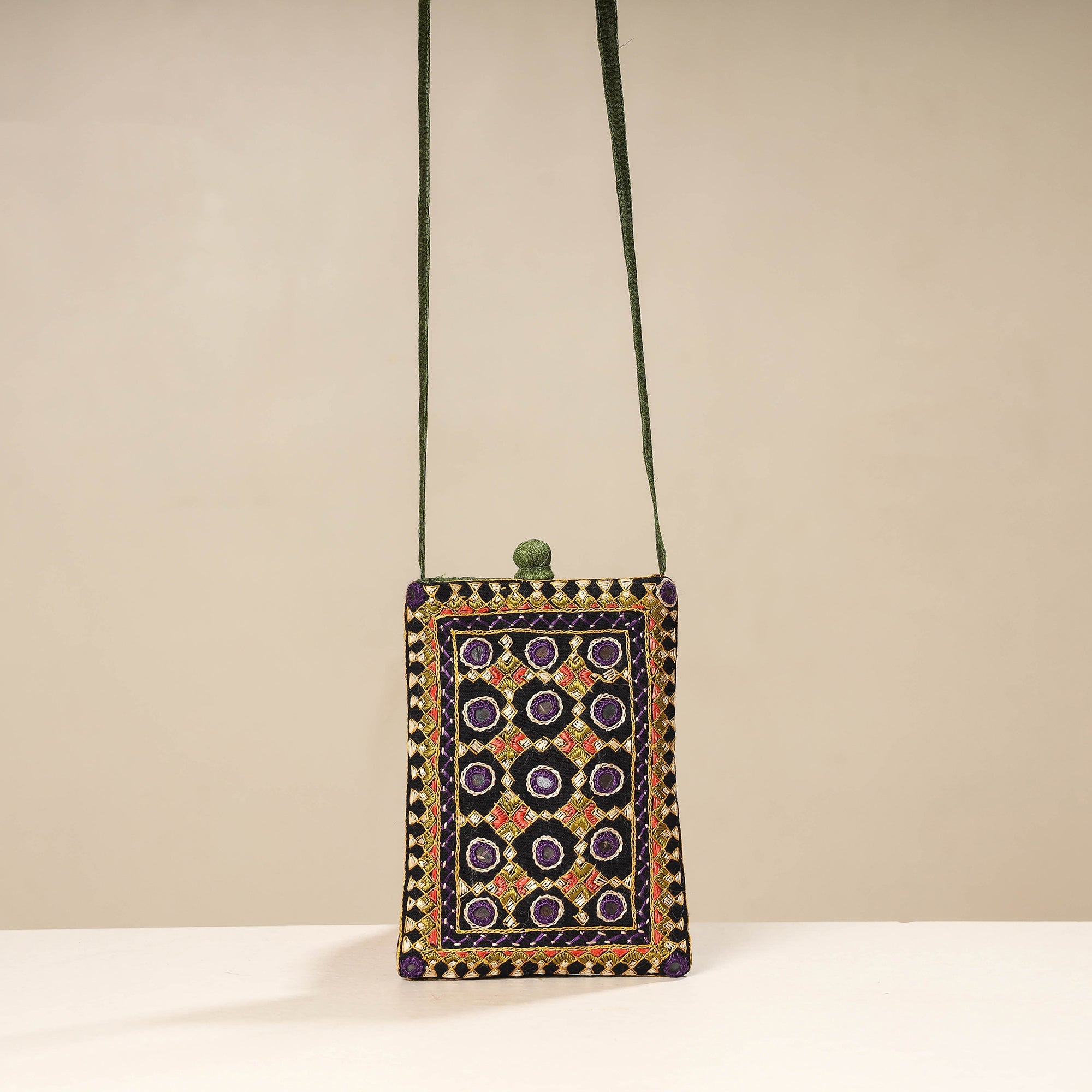 Multicolor Kutch Neran Embroidery Mashru Silk Mobile Sling Bag 