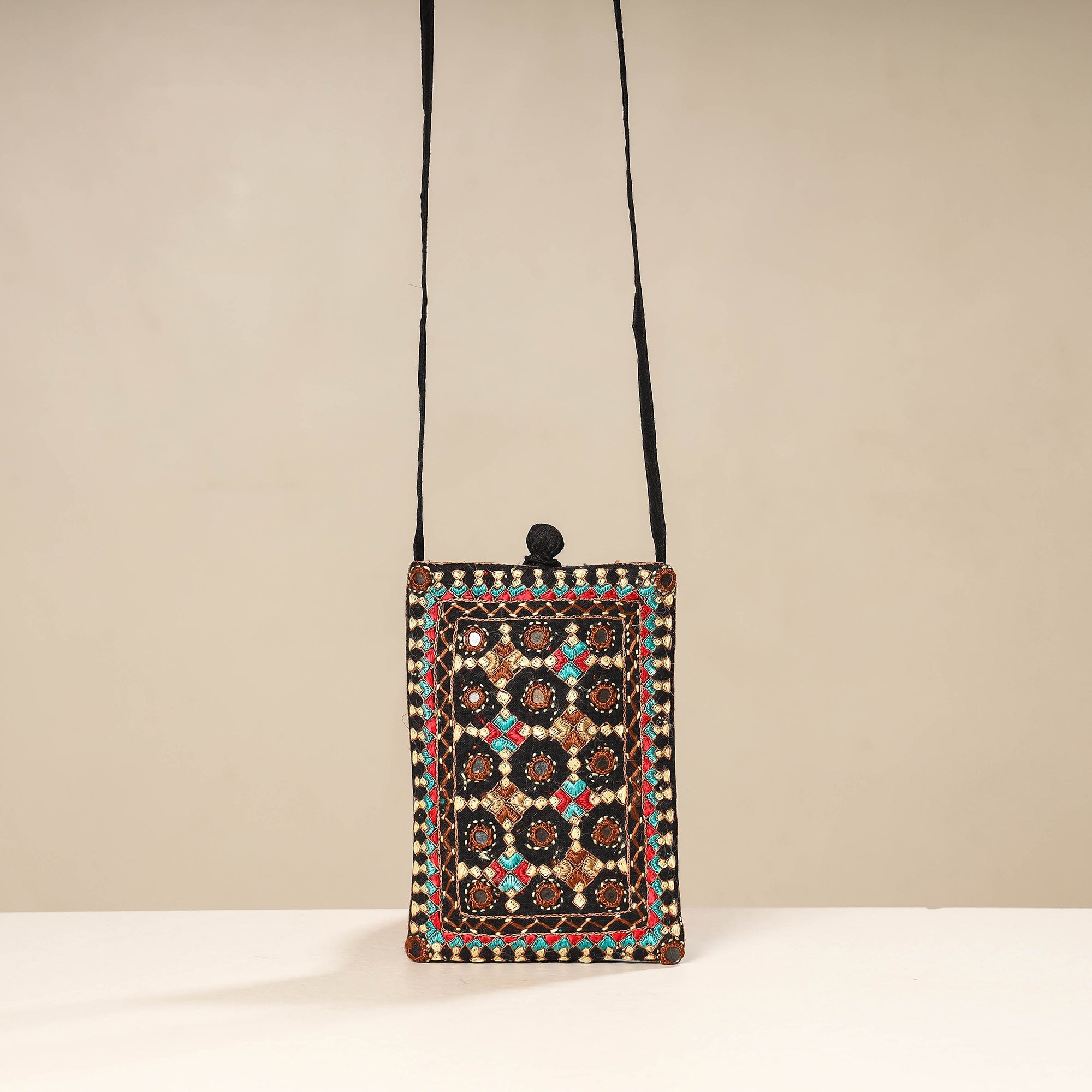 Multicolor Kutch Neran Embroidery Mashru Silk Mobile Sling Bag 