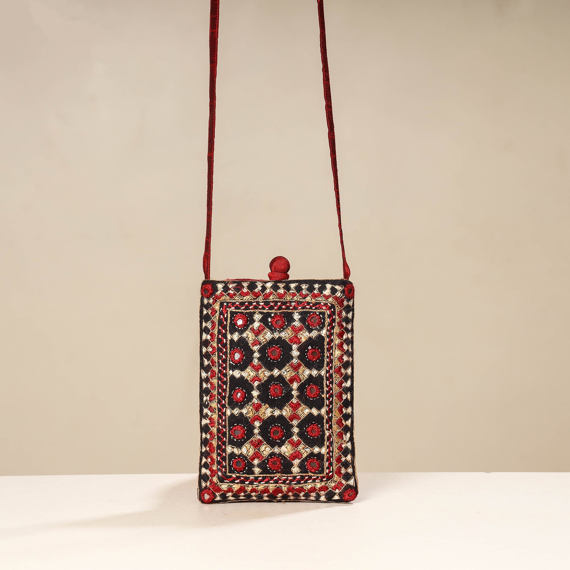 Multicolor Kutch Neran Embroidery Mashru Silk Mobile Sling Bag 