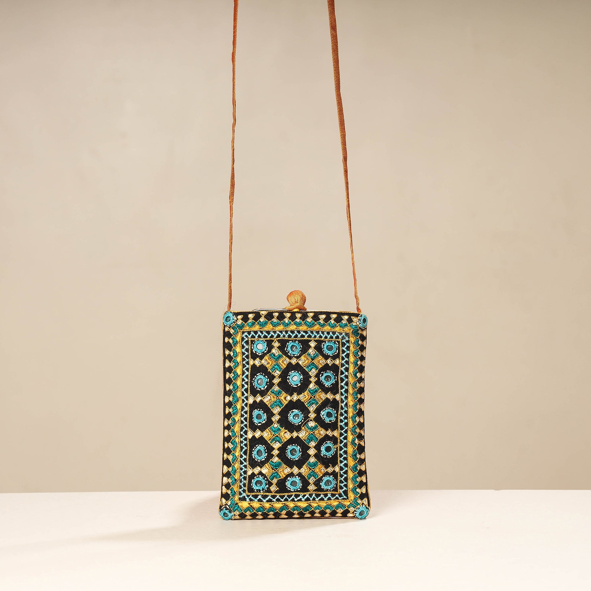 Multicolor Kutch Neran Embroidery Mashru Silk Mobile Sling Bag 