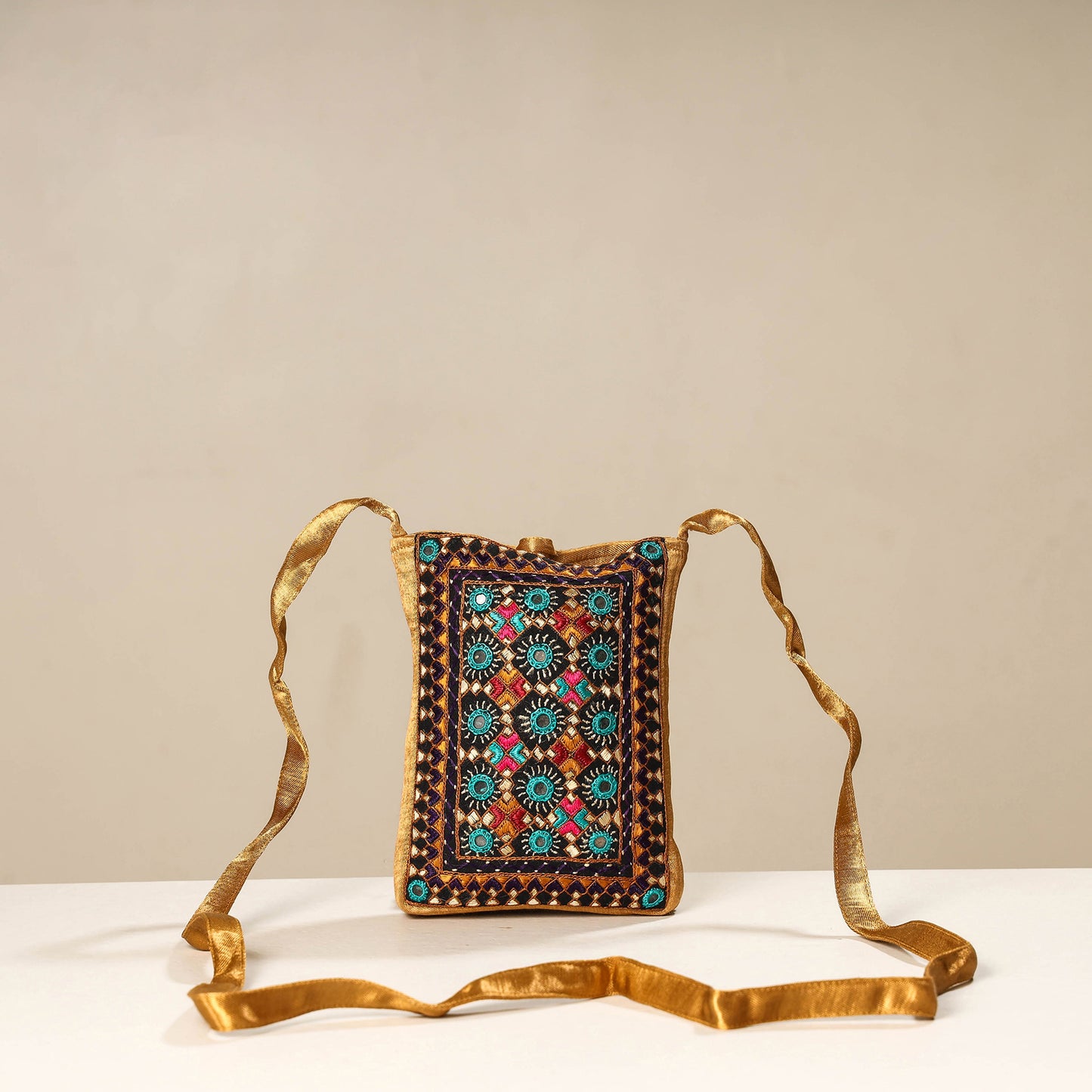 Multicolor Kutch Neran Embroidery Mashru Silk Mobile Sling Bag 