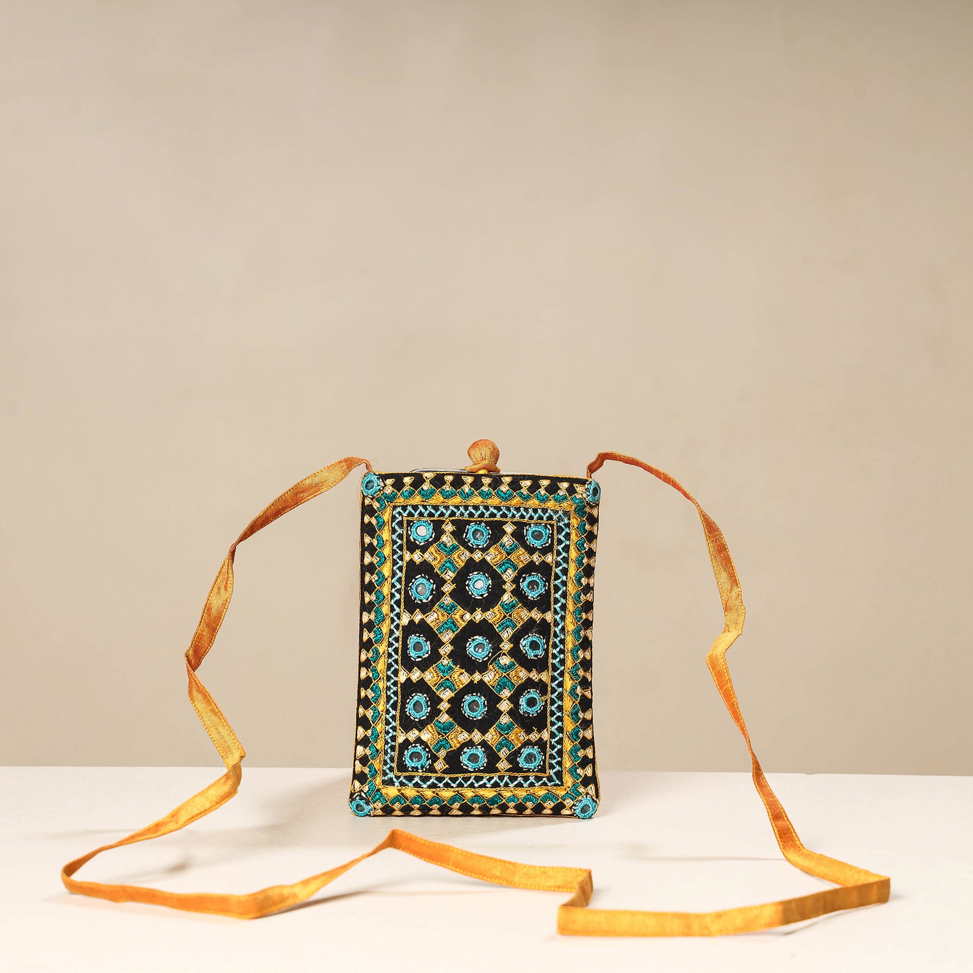 Multicolor Kutch Neran Embroidery Mashru Silk Mobile Sling Bag 